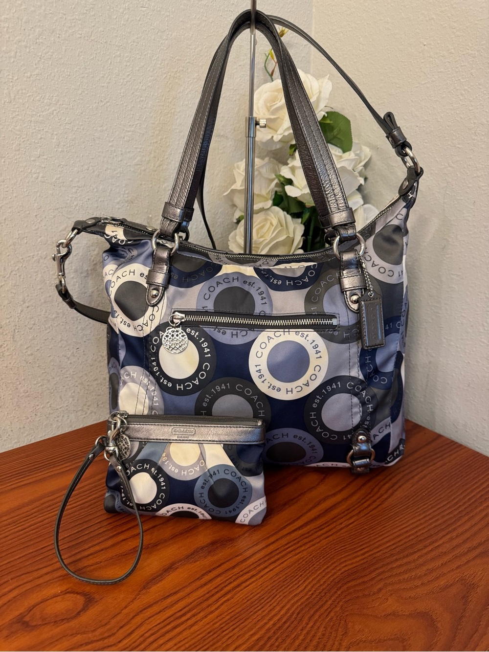 Coach Navy, Silver and Gray Circle-Print Shoulder Bag with Wristlet
